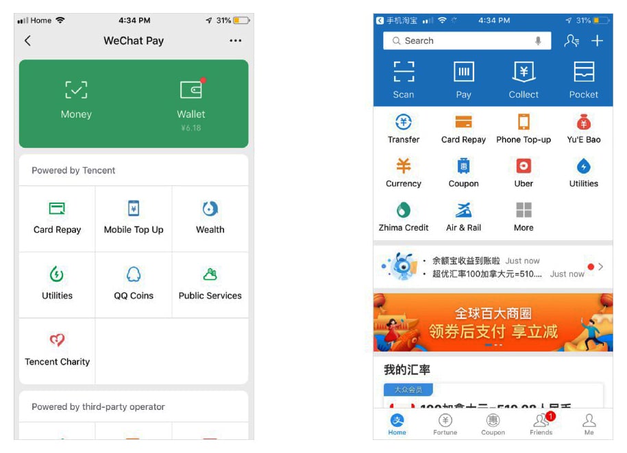 Figure 12. Interfaces des super apps WeChat (gauche) et Alipay (droite) traduites en anglais . Crédit : Yuki Zhong, UX designer.
