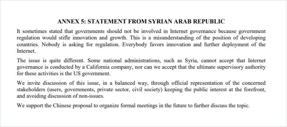 Figure 2. Déclaration de la République arabe syrienne. Source : Rapport du président - « ITU New Initiatives Programme », 26-27 février 2004, p.21.