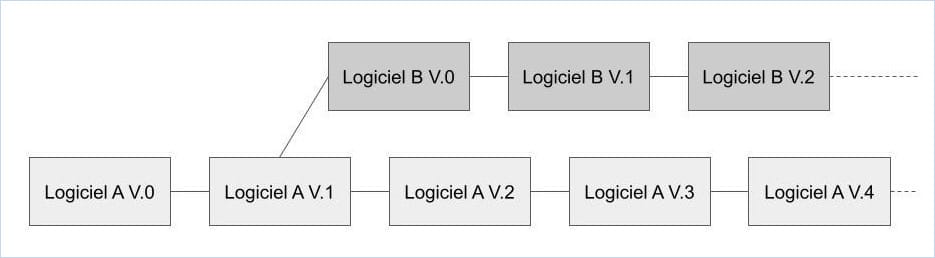 Figure 8. Schéma simple de fork, bifurcation à partir d’un logiciel existant (A), qui donne naissance à un nouveau logiciel (B).