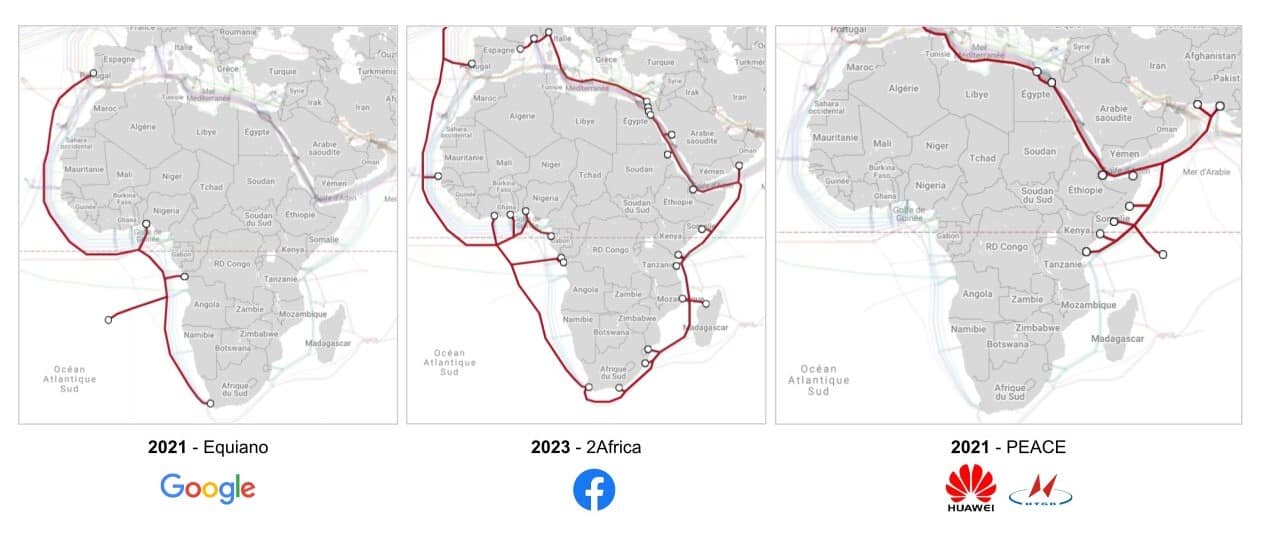 Figure 7. Trois grands chantiers de câbles sous-marins autour du continent africain et big tech associée : Equiano, 2Africa, PEACE. Source : Telegeography.